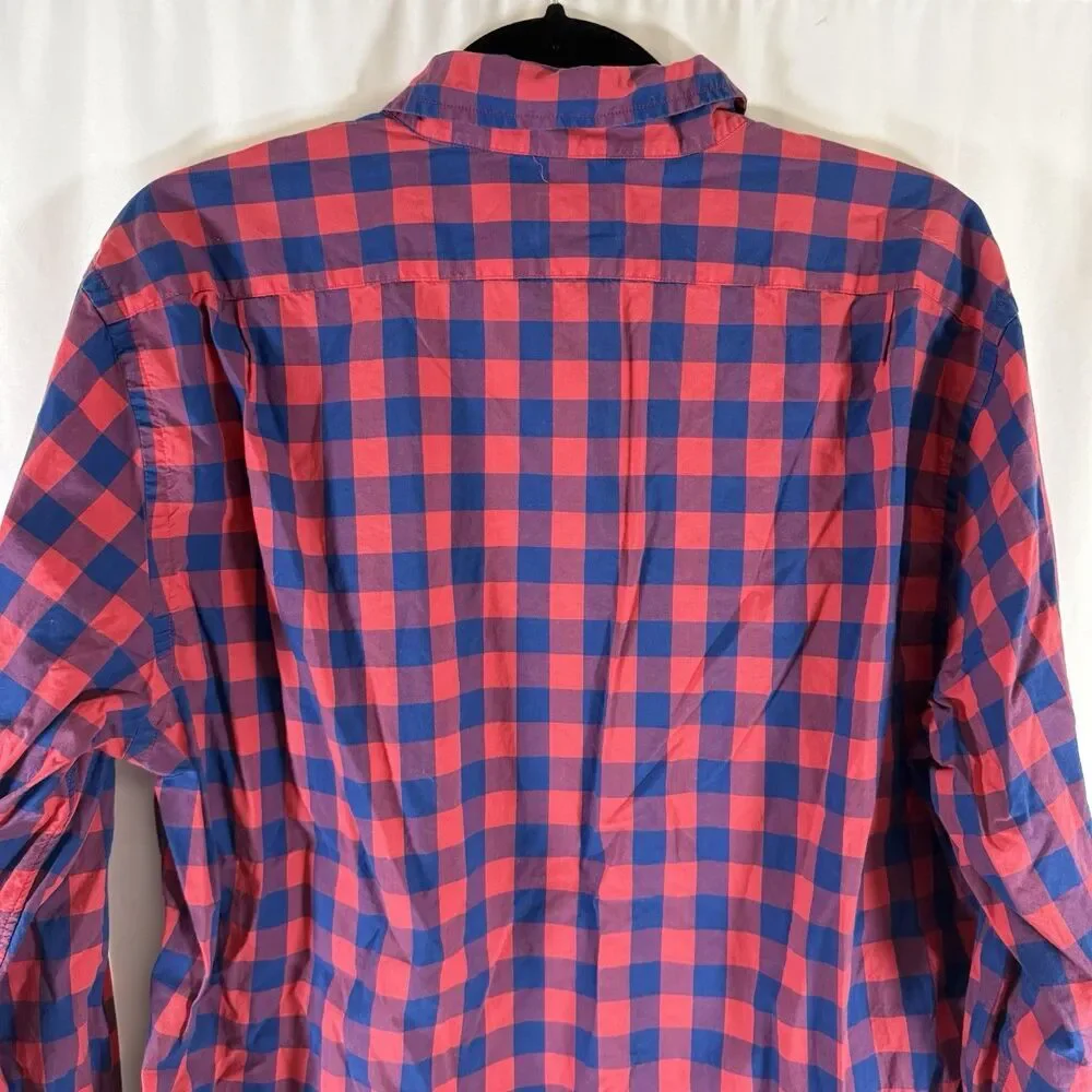 J Crew Slim Fit Button Up Shirt Men's XL Red Blue Plaid Lightweight Long Sleeve